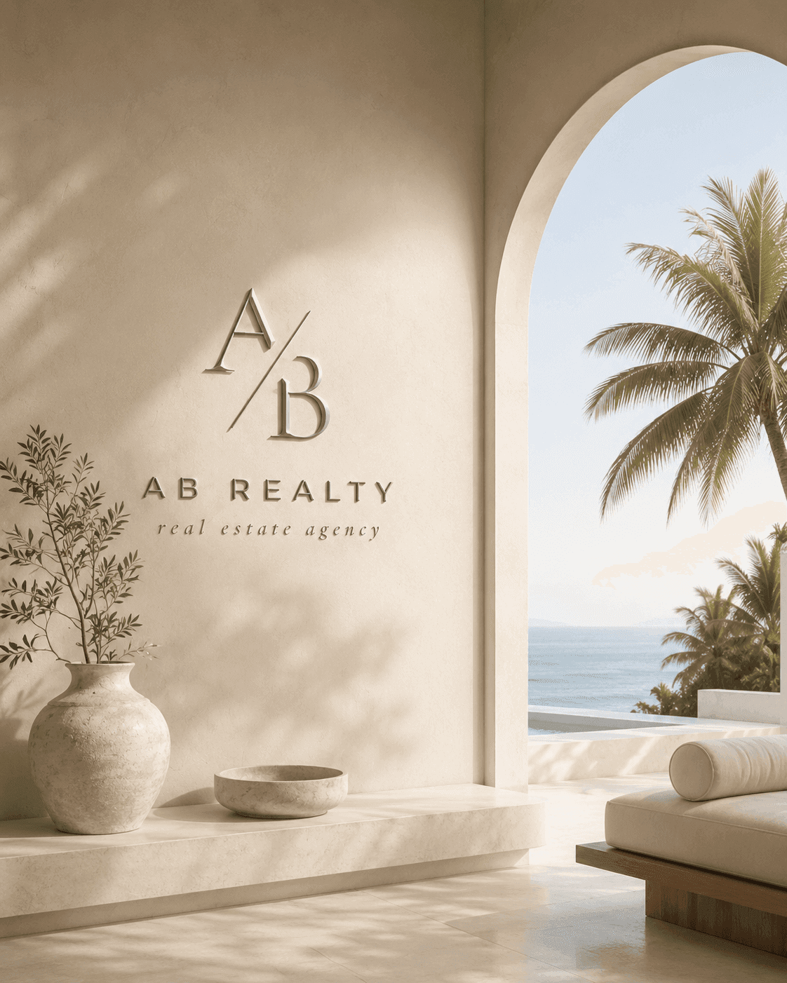 AB Realty branding at a whitewashed Goa coastal residence